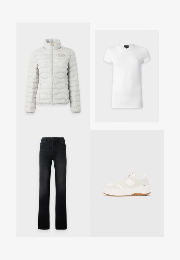 Svetlo sivá prešívaná páperová bunda s celým predným zipsom, stojacím golierom, elastickými manžetami a malým logom EA7 Emporio Armani na hrudi.; Jednoduché biele tričko s krátkym rukávom a okrúhlym výstrihom s malou čiernou etiketu Armani Exchange na krku.; Čierne rovnobežné džínsy z denimu s jemným vyblednutím, piatimi vreckami a zapínaním na gombík. Hladká textúra s minimálnymi švovými detailmi.; Biela a béžová platformová teniska so šnurovaním vpredu, gumovou podrážkou, bočným logom a detailmi zošitých panelov.