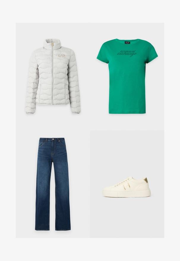 Veste matelassée gris clair avec fermeture éclair intégrale devant, col montant, poignets élastiques et petit logo EA7 Emporio Armani sur la poitrine.; T-shirt vert à manches courtes Armani Exchange avec encolure ronde et texte "armani exchange" en petits points noirs sur la poitrine.; Jean en denim bleu foncé, taille haute, jambes droites et larges, fermeture avant par boutons, fermeture éclair, poches avant et arrière.; Baskets basses de couleur crème avec des accents dorés, des lacets et un marquage « Armani Exchange » en relief sur la semelle et le patch latéral.