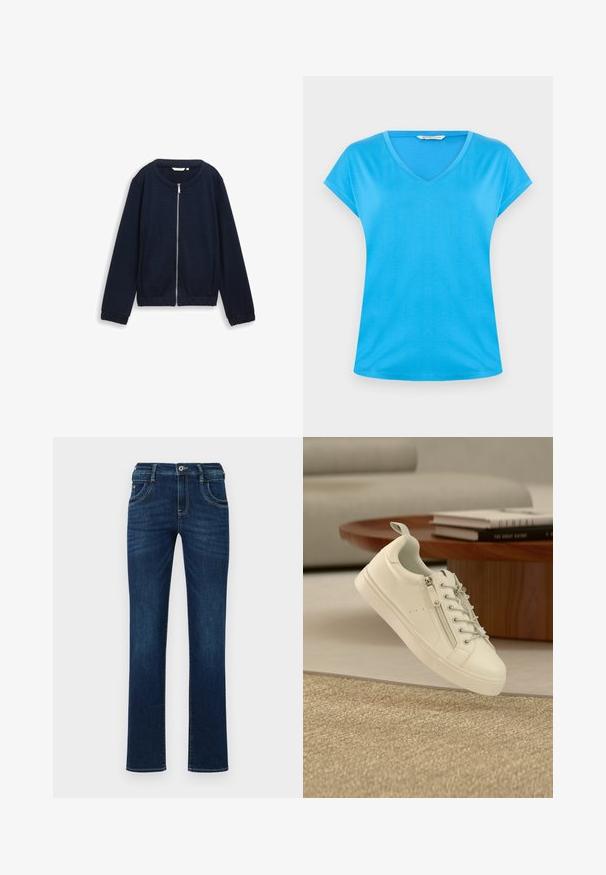 Dunkelblaues Zip-Jacke mit strukturiertem Muster, rundem Halsausschnitt und elastischen Bündchen. Aus gewebtem Material mit enganliegender Passform gefertigt.; Blaues Baumwoll-V-Ausschnitt-T-Shirt mit kurzen Ärmeln, glatter Textur und lässigem Design. Einfach, einfarbig ohne Muster oder Verzierungen.; Dunkelblaue Denim-Jeans mit geradem Bein, fünf Taschen, und einem standardmäßigen Knopfverschluss. Verfügt über dezente Stickdetails.; Weißer Sneaker mit niedrigem Schaft, seitlichem Reißverschluss und Schnürsenkeln, neben einem braunen runden Holztisch mit gestapelten Büchern.