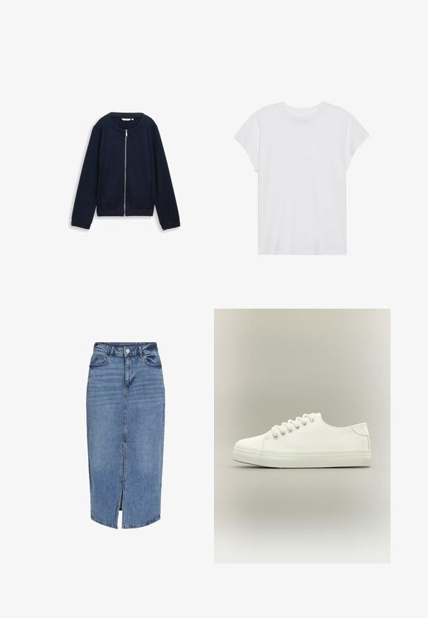 Marineblauwe ritsjack met een gestructureerd patroon, ronde halslijn en elastische manchetten. Gemaakt van geweven materiaal met een aansluitende pasvorm.; Witte t-shirt met korte mouwen, ronde hals, relaxte pasvorm, gemaakt van zacht katoen. Glad textuur, geen patronen of logo's.; Lichtblauwe denim midi rok met een voorflap, vijf zakken, riemlussen en een knoopsluiting in de taille. Klassieke pasvorm en textuur.; Witte lage sneaker met witte veters en rubberen zool, zijaanzicht op een neutrale achtergrond.