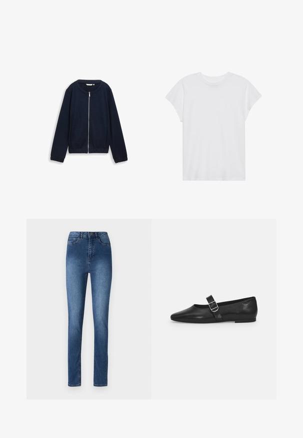 Marineblauwe ritsjack met een gestructureerd patroon, ronde halslijn en elastische manchetten. Gemaakt van geweven materiaal met een aansluitende pasvorm.; Witte t-shirt met korte mouwen, ronde hals, relaxte pasvorm, gemaakt van zacht katoen. Glad textuur, geen patronen of logo's.; Blauwe denim jeans met een slim fit, met een middelhoge taille, vijf zakken en subtiele stikseldetails. Glad textuur en klassiek ontwerp.; Zwarte leren platte schoen met een ronde neus, een enkele verstelbare gespsluiting en een gladde, glanzende textuur. Minimalistisch ontwerp met een lage hak.