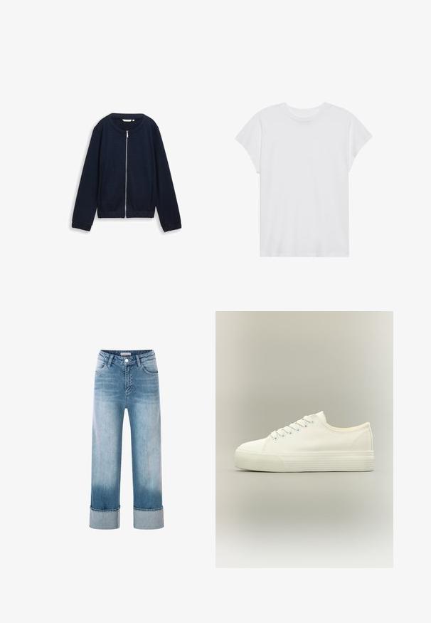 Dunkelblaues Zip-Jacke mit strukturiertem Muster, rundem Halsausschnitt und elastischen Bündchen. Aus gewebtem Material mit enganliegender Passform gefertigt.; Weißes kurzärmliges T-Shirt mit Rundhalsausschnitt, lockerer Passform, aus weichem Baumwollstoff. Glatte Textur, keine Muster oder Logos.; Helle blaue Jeans aus Denim mit hoher Taille, weitem Bein und umgeschlagenen Säumen. Besitzt ein klassisches Fünf-Taschen-Design und Details aus Kupfer.; Weißer flacher Canvas-Sneaker mit Schnürung vorne und dicker, strukturierter Gummisohle auf neutralem Hintergrund.