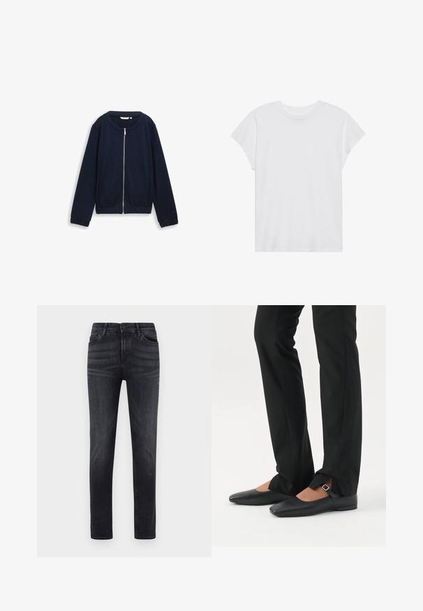 Dunkelblaues Zip-Jacke mit strukturiertem Muster, rundem Halsausschnitt und elastischen Bündchen. Aus gewebtem Material mit enganliegender Passform gefertigt.; Weißes kurzärmliges T-Shirt mit Rundhalsausschnitt, lockerer Passform, aus weichem Baumwollstoff. Glatte Textur, keine Muster oder Logos.; Schwarze Jeans aus Denim mit geradem Schnitt. Sie verfügen über fünf Taschen, einen Knopfverschluss und Gürtelschlaufen. Der Stoff hat eine glatte Textur und einen leichten Stretch.; Beine in schwarzen schmalen Hosen mit vorderen Schlitzen am Saum, kombiniert mit schwarzen flachen Mary-Jane-Schuhen mit kleinem Schnallenriemen.
