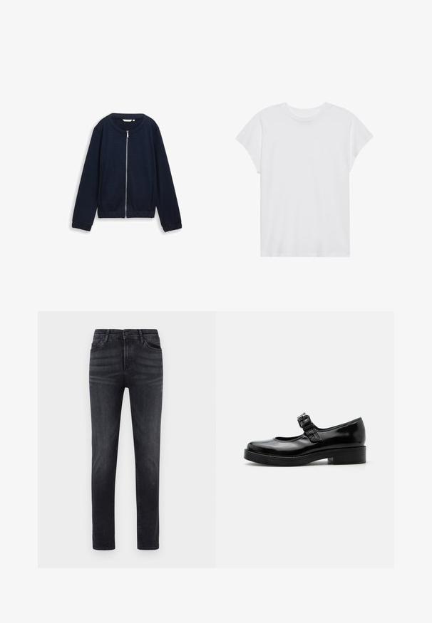 Marineblauwe ritsjack met een gestructureerd patroon, ronde halslijn en elastische manchetten. Gemaakt van geweven materiaal met een aansluitende pasvorm.; Witte t-shirt met korte mouwen, ronde hals, relaxte pasvorm, gemaakt van zacht katoen. Glad textuur, geen patronen of logo's.; Zwarte denim jeans met een rechte pasvorm. Voorzien van vijf zakken, een knoopsluiting en lussen voor de riem. De stof heeft een gladde textuur en een lichte stretch.; Zwarte lakleren Mary Jane-schoen met een ronde neus, lage blokhak en een verstelbare gespsluiting over de wreef.