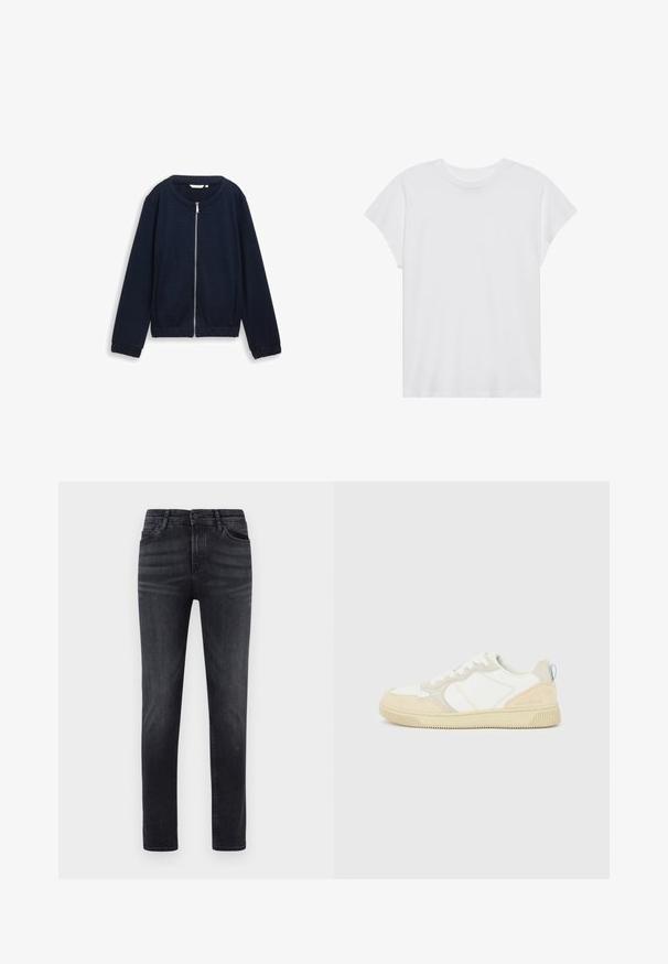 Marineblauwe ritsjack met een gestructureerd patroon, ronde halslijn en elastische manchetten. Gemaakt van geweven materiaal met een aansluitende pasvorm.; Witte t-shirt met korte mouwen, ronde hals, relaxte pasvorm, gemaakt van zacht katoen. Glad textuur, geen patronen of logo's.; Zwarte denim jeans met een rechte pasvorm. Voorzien van vijf zakken, een knoopsluiting en lussen voor de riem. De stof heeft een gladde textuur en een lichte stretch.; Witte en beige sneaker met een bovenwerk van suède en textiel, voorzien van contrasterende stiksels, een rubberen zool en een lichtblauwe accenten op de hiel.