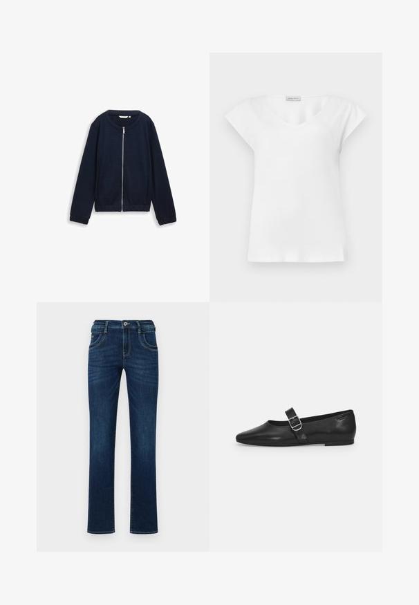 Marineblauwe ritsjack met een gestructureerd patroon, ronde halslijn en elastische manchetten. Gemaakt van geweven materiaal met een aansluitende pasvorm.; Witte blouse met korte mouwen, een ronde hals en een klein merketiket vlakbij de kraag.; Donkerblauwe denim jeans met een rechte pijp, vijf zakken en een standaard knoopsluiting. Bevat subtiele stikdetails.; Zwarte leren platte schoen met een ronde neus, een enkele verstelbare gespsluiting en een gladde, glanzende textuur. Minimalistisch ontwerp met een lage hak.