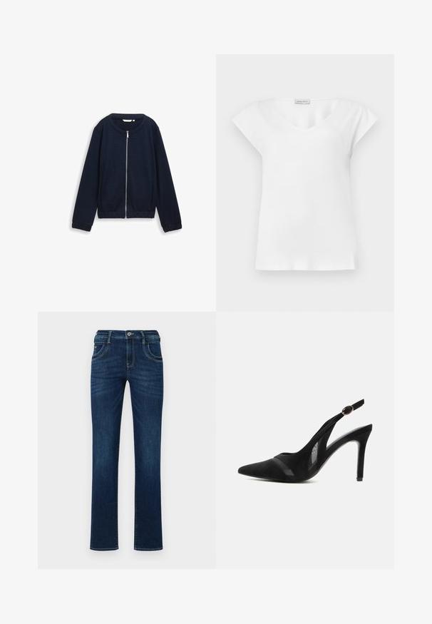 Marineblauwe ritsjack met een gestructureerd patroon, ronde halslijn en elastische manchetten. Gemaakt van geweven materiaal met een aansluitende pasvorm.; Witte blouse met korte mouwen, een ronde hals en een klein merketiket vlakbij de kraag.; Donkerblauwe denim jeans met een rechte pijp, vijf zakken en een standaard knoopsluiting. Bevat subtiele stikdetails.; Zwarte suède slingback pump met puntige neus, mesh accenten, een dunne hoge hak en een gouden gespsluiting tegen een effen achtergrond.