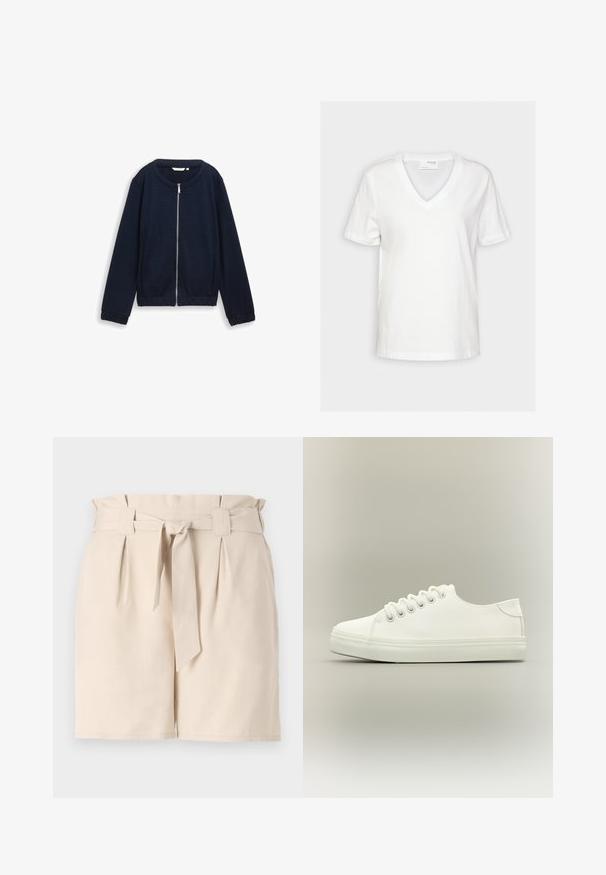 Veste zippée bleu marine avec un motif texturé, col rond et poignets élastiques. Conçue en matériau tissé avec une coupe ajustée.; T-shirt blanc à manches courtes avec col en V et un design simple, présenté sur un fond uni.; Shorts beiges ajustés en tissu léger, dotés d'une ceinture, de plis et d'une coupe droite.; Baskets basses blanches avec lacets blancs et semelle en caoutchouc, vues de côté sur un fond neutre.