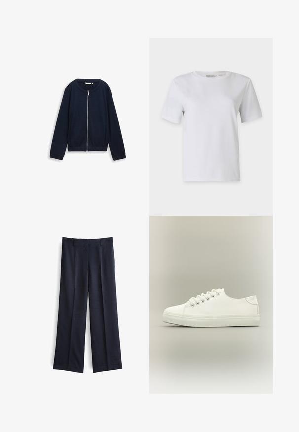 Marineblauwe ritsjack met een gestructureerd patroon, ronde halslijn en elastische manchetten. Gemaakt van geweven materiaal met een aansluitende pasvorm.; Witte t-shirt met korte mouwen van gladde katoen. Heeft een ronde halslijn en rechte zoom, zonder patronen of versieringen.; Navy blauwe wijde broek van een gladde stof, met een platte voorkant, riemlussen en een getailleerde snit voor een gestructureerde uitstraling.; Witte lage sneaker met witte veters en rubberen zool, zijaanzicht op een neutrale achtergrond.