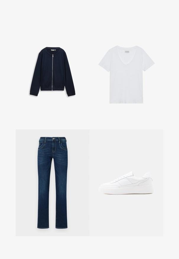 Dunkelblaues Zip-Jacke mit strukturiertem Muster, rundem Halsausschnitt und elastischen Bündchen. Aus gewebtem Material mit enganliegender Passform gefertigt.; Weißes V-Ausschnitt T-Shirt mit kurzen Ärmeln, aus weichem Baumwollstoff gefertigt. Schlichtes Design ohne Muster oder Akzente, mit einem Etikett am Kragen.; Dunkelblaue Denim-Jeans mit geradem Bein, fünf Taschen, und einem standardmäßigen Knopfverschluss. Verfügt über dezente Stickdetails.; Weißer Low-Top-Sneaker mit dicker Sohle, Schnürdesign und dezenten Nahtdetails auf hellem, einfachem Hintergrund.