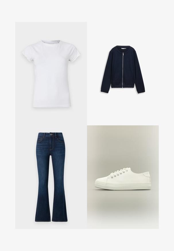 Veste zippée bleu marine avec un motif texturé, col rond et poignets élastiques. Conçue en matériau tissé avec une coupe ajustée.; T-shirt en coton blanc avec des manches courtes à bords festonnés, un col rond, une coupe ajustée, une texture lisse et sans motifs ni embellissements visibles.; TOM TAILOR STELLA denim bleu foncé; Baskets basses blanches avec lacets blancs et semelle en caoutchouc, vues de côté sur un fond neutre.