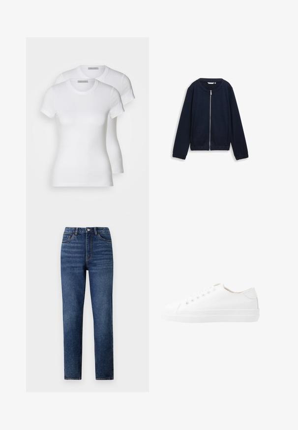 Dunkelblaues Zip-Jacke mit strukturiertem Muster, rundem Halsausschnitt und elastischen Bündchen. Aus gewebtem Material mit enganliegender Passform gefertigt.; Zwei weiße Baumwoll-T-Shirts mit kurzen Ärmeln, Rundhalsausschnitten und einer engen Passform, die eine glatte Textur und ein minimalistisches Design aufweisen.; Hochtaillierte blaue Denim-Jeans mit geradem Bein, versehen mit dezenten Tragefalten, einem Knopfverschluss und einem Fünf-Taschen-Design.; Weiße Leinenschuhe mit niedrigem Schnitt, runder Zehenpartie, sechs Ösen und einer strukturierten Gummisohle. Glattes Material mit minimalen Akzenten.