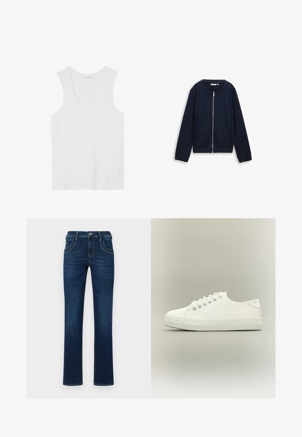 Dunkelblaues Zip-Jacke mit strukturiertem Muster, rundem Halsausschnitt und elastischen Bündchen. Aus gewebtem Material mit enganliegender Passform gefertigt.; Weißes ärmelloses Tanktop mit Rundhalsausschnitt aus weichem, leichtem Stoff und einem kleinen Kleidungsetikett innen im Nackenbereich.; Dunkelblaue Denim-Jeans mit geradem Bein, fünf Taschen, und einem standardmäßigen Knopfverschluss. Verfügt über dezente Stickdetails.; Weißer Low-Top-Sneaker mit weißen Schnürsenkeln und Gummisohle, seitlich auf neutralem Hintergrund dargestellt.