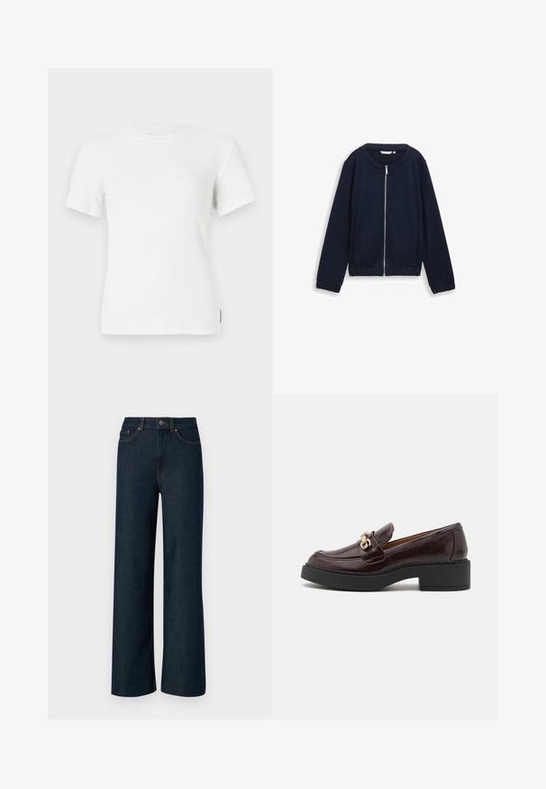Veste zippée bleu marine avec un motif texturé, col rond et poignets élastiques. Conçue en matériau tissé avec une coupe ajustée.; T-shirt à manches courtes côtelé blanc avec un col rond. Texture douce, design ajusté et détails de couture minimalistes.; Jean en denim bleu foncé à jambes larges avec des coutures orange contrastantes, cinq poches et une fermeture à bouton. Tissu lisse et texturé.; Mocassin en cuir brun avec une boucle d'accent dorée, un talon noir en bloc et une texture lisse. La vue latérale met en avant un bout arrondi et des détails cousus.