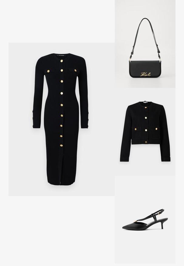 Zwarte cropped jack van katoen, met een ronde halslijn, gouden knopen en twee voorzakken met knoopsluitingen.; Zwart ribgebreid jurkje met lange mouwen, goudkleurige knoopsluiting, twee borstzakken en een split aan de voorkant. Zachte textuur, getailleerde vorm.; Zwarte leren slingback kittenheels met puntige neus, smalle T-strap, verstelbare gesp en kleine gouden versiering op het bandje.; Zwarte leren handtas met een klepdesign, voorzien van een gouden handtekeninglogo. Verstelbare schouderband en een gladde textuur. Minimalistische esthetiek.