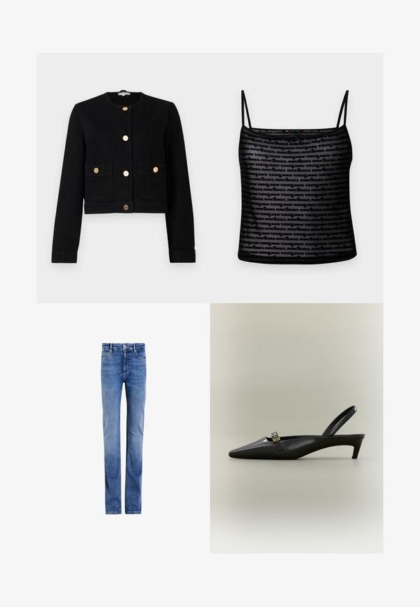 Veste noire cropped en coton, dotée d'un col rond, de boutons dorés et de deux poches à l'avant avec fermetures à bouton.; Haut cami en mesh noir avec des bretelles spaghetti, motif répétitif du logo "tommy" et une coupe ajustée. Tissu léger avec un léger aspect brillant.; Jean en denim bleu clair avec une coupe droite, cinq poches, et une fermeture classique à boutons à l'avant. Lavage décoloré avec un léger effet de frottement.; Escarpin slingback en cuir noir avec talon kitten, bout pointu et petite boucle dorée sur un fond uni.