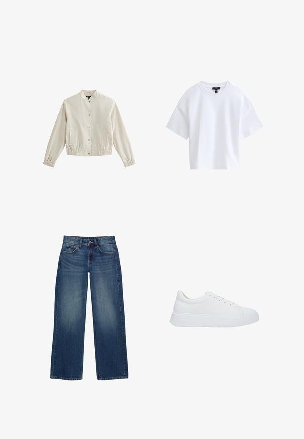 Hellbeige Bomberjacke mit Rundkragen, Druckknöpfen, seitlichen Taschen und elastischen Bündchen; aus einem glatten, strukturierten Stoff gefertigt.; Schlichtes weißes kurzärmeliges Cropped-T-Shirt mit rundem Ausschnitt und schwarzem Markenlabel innen im Kragen.; Weit geschnittene blaue Jeans aus Denim mit einem verwaschenen Finish, ausgestattet mit fünf Taschen, einem vorderen Knopfverschluss und sichtbaren Nahtdetails.; Weiße Leder-Sneaker mit runder Zehenpartie, flachen Schnürsenkeln und einer dicken Gummisohle. Glatte Oberfläche mit minimalen Nähdetails.
