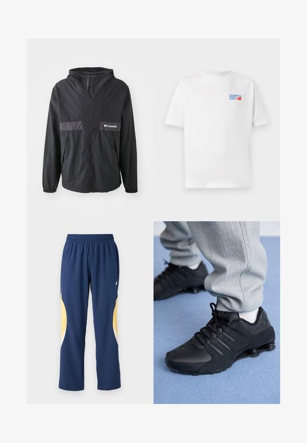 Chaqueta Columbia negra con cierre de cremallera, capucha ajustable y puños elásticos. Presenta un panel de acento horizontal gris en el pecho.; Camiseta de algodón blanca de manga corta, con un logo azul y rojo en la parte izquierda del pecho. Cuello clásico, corte relajado, textura suave.; Pantalones deportivos azul marino con una cinturilla elástica. Presentan acentos curvados en amarillo y blanco a los lados. Tejido suave y liso.; Persona vestida con zapatillas Nike Shox negras y pantalones de chándal grises, de pie sobre una alfombra azul claro.
