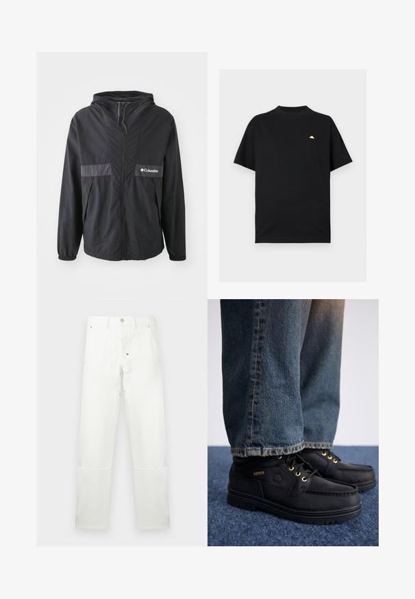 Veste Columbia noire avec fermeture éclair, capuche ajustable et poignets élastiques. Présente un panneau d'accent horizontal gris sur la poitrine.; T-shirt noir à manches courtes et col rond avec un petit logo en demi-cercle beige clair sur la poitrine gauche.; Pantalon blanc droit avec bouton et fermeture éclair, passants pour ceinture, poches avant et renforts aux genoux.; Chaussures en cuir noir avec œillets dorés et finition texturée, associées à un jean en denim bleu. Les chaussures présentent une semelle superposée et un détail de marque.