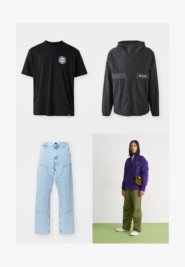 Schwarze Columbia-Jacke mit Reißverschluss, verstellbarer Kapuze und elastischen Bündchen. Mit einem grauen horizontalen Akzentpanel auf der Brust.; Schwarzes Baumwoll-T-Shirt mit einem runden Logo auf der Brust. Kurze Ärmel und Rundhalsausschnitt mit geradem Schnitt am Saum.; Hellblaue, gerade geschnittene Jeans mit großen Fronttaschen und kontrastierenden Nähten. Der Stoff hat eine ausgewaschene, weiche Textur.; Jordan AIR JORDAN 1 ZM CMFT 2 - Sneaker high - summit white/bicoastal/oxidized green