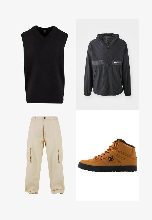Schwarze Columbia-Jacke mit Reißverschluss, verstellbarer Kapuze und elastischen Bündchen. Mit einem grauen horizontalen Akzentpanel auf der Brust.; Schwarzer ärmelloser Pullover mit V-Ausschnitt, aus weichem Material gefertigt, mit geripptem Ausschnitt und unterem Saum. Einfaches, klassisches Design.; Beige Cargo-Hosen mit geradem Bein. Zu den Merkmalen gehören zwei Seitentaschen, ein Knopfverschluss und eine glatte Stoffstruktur.; Hochfront-Sneaker aus braunem Leder mit schwarzer Gummisohle, ausgestattet mit grauem Fleecefutter, orangefarbenen Akzenten und durchbrochenen Details. DC-Logo sichtbar.