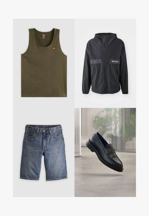 Schwarze Columbia-Jacke mit Reißverschluss, verstellbarer Kapuze und elastischen Bündchen. Mit einem grauen horizontalen Akzentpanel auf der Brust.; Olivgrünes Tanktop aus weichem Stoff, mit rundem Halsausschnitt und einem kleinen roten Logo auf der oberen linken Seite. Einfaches Design, ohne Muster oder Akzente.; Blaue Jeansshorts mit Fronttaschen, Gürtelschlaufen und Knopfverschluss, flach auf hellem Hintergrund ausgebreitet.; Schwarze Leder-Loafers mit glatter Oberfläche, die einen dekorativen Riemen und eine strukturierte Frontblende sowie eine profilierte Gummisohle aufweisen.