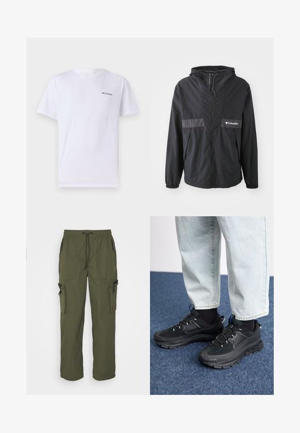 Schwarze Columbia-Jacke mit Reißverschluss, verstellbarer Kapuze und elastischen Bündchen. Mit einem grauen horizontalen Akzentpanel auf der Brust.; Weißes Baumwoll-T-Shirt mit kurzen Ärmeln, versehen mit einem kleinen schwarzen Columbia-Logo auf der linken Brustseite. Klassischer Rundhalsausschnitt.; Olivgrüne Cargo-Hosen aus leichtem Material mit elastischem Bund, Kordelzug und mehreren Reißverschlusstaschen.; Schwarze Sportschuhe aus strukturiertem Stoff mit Gummisohlen, ausgestattet mit elastischen Schnürsenkeln und einem blauen Akzent an der Ferse. Getragen mit hellen Jeans.