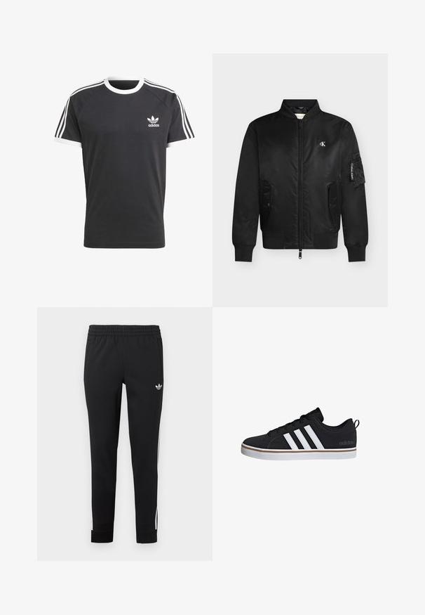 Sort bomberjakke med frontlynlås, to lommer med trykknapper, ribstrikkede ærmeafslutninger og kant, lille hvidt "cK"-logo på brystet og "Calvin Klein"-label på ærmet.; Sort t-shirt med hvid krave og ærmekanter, der har tre hvide vandrette striber på hver skulder og et lille hvidt Adidas-logo.; Sorte sportslige sweatpants lavet af glat stof. Har en elastisk talje, sidelommer og hvide striber langs benene.; Sort atletiksko med tre hvide striber, snørelukning, gummisål og forstærket tå. Har et logo på siden og tekstureret materiale.