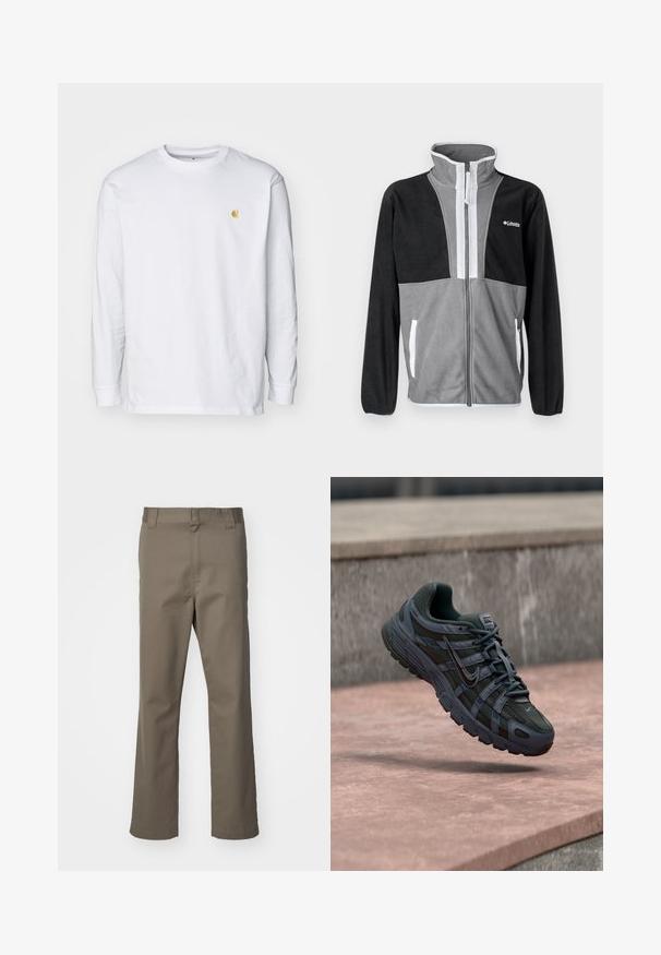 Fleecejack met hoge kraag, grijze en zwarte kleurvakken, voorrits en witte accenten op de zakken en ritsafwerking.; Witte lange mouwen t-shirt van katoen. Voorzien van een klein gouden logo op de borst en een ronde hals. Eenvoudig ontwerp en standaard pasvorm.; Bruine rechte broek met riemlussen, voorrits en zonder zichtbare zakken, weergegeven op een witte achtergrond.; Donkergrijze Nike hardloopschoen met mesh en synthetisch ontwerp, zwevend boven een roze betonoppervlak met een grijze stenen achtergrond.