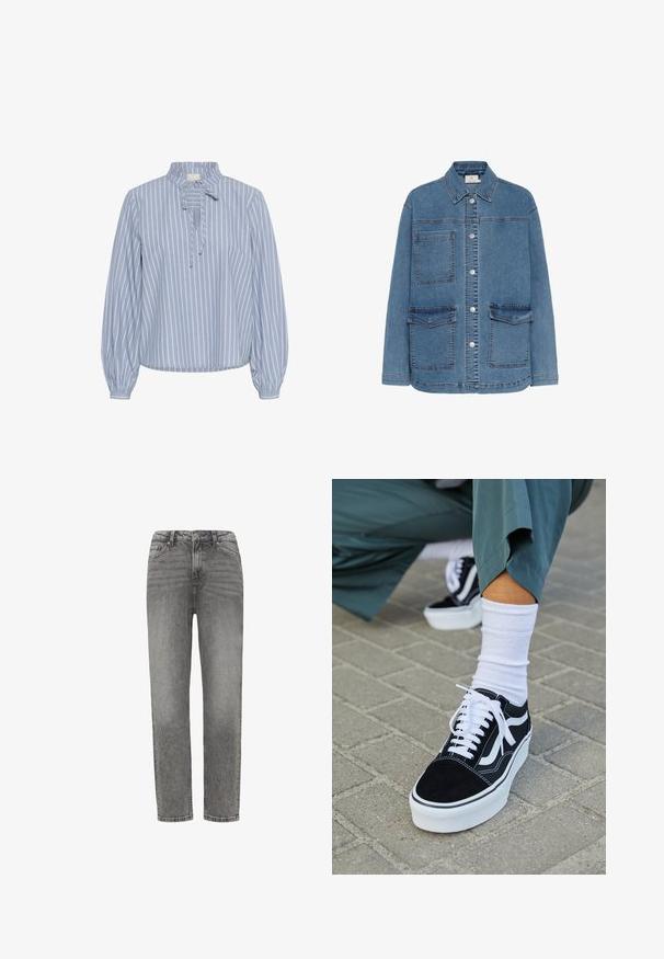 Lichtblauwe denimjack, met een knoopsluiting aan de voorkant, twee grote voorzakken en een klassieke kraag. Stiksels zijn zichtbaar.; Kaffe KAMILINA - Blouse - windward blue melange stripe; Grijze denim rechte jeans met een vervaagde afwerking, vijf-pondesign en versterkte stiksels. Knoopsluiting en riemlussen op de tailleband.; Zwarte suède sneaker met witte accenten en veters, uitgerust met een dikke witte zool en contrasterende stiksels, gecombineerd met een witte sok.