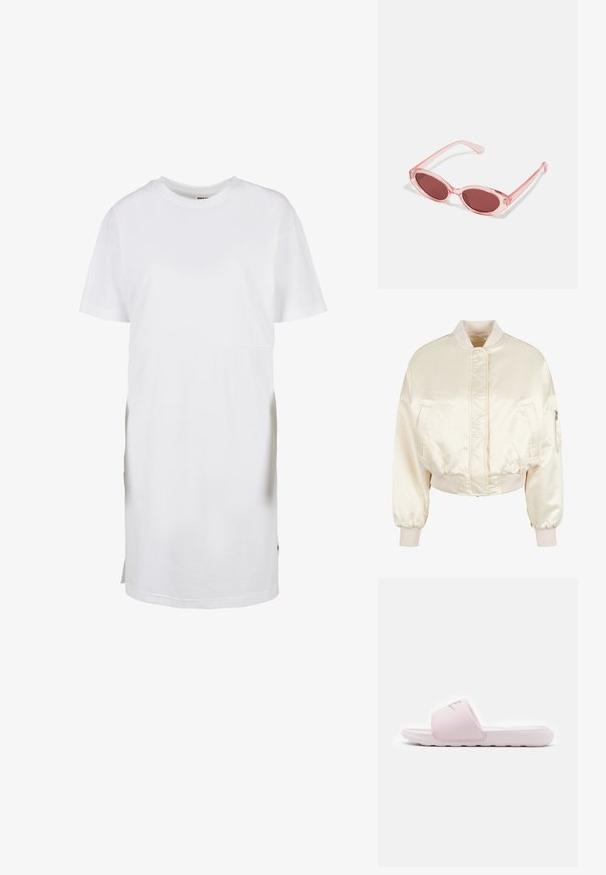 Veste bomber en satin crème avec un design matelassé, des poignets et une taille côtelés, comprenant deux poches avant et une poche zippée sur la manche.; Robe t-shirt blanche à manches courtes, en coton, avec une coupe décontractée, un col rond et des fentes latérales à l'ourlet pour faciliter les mouvements.; Sandale en slide rose avec une semelle en caoutchouc flexible, une lanière rembourrée et un design minimaliste. Présente un logo sur la lanière et une texture lisse.; Lunettes de soleil transparentes roses avec des verres ovales, teintés d'un rouge foncé, et des branches fines, présentant une finition lisse et des détails subtils sur la monture.