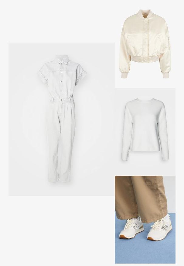 Chaqueta bomber de satén crema con un diseño acolchado, puños y cinturilla de canalé, que cuenta con dos bolsillos frontales y un bolsillo con cremallera en la manga.; Mono de mezclilla en gris claro con cuello tipo camisero, mangas cortas, frente abotonado y piernas ajustadas con cintura ceñida.; Suéter blanco de punto que presenta un cuello redondo, mangas largas, un patrón de canalé texturizado y un corte relajado.; Zapatillas blancas con detalles de estampado de leopardo, usadas con pantalones anchos beige sobre una alfombra azul claro.