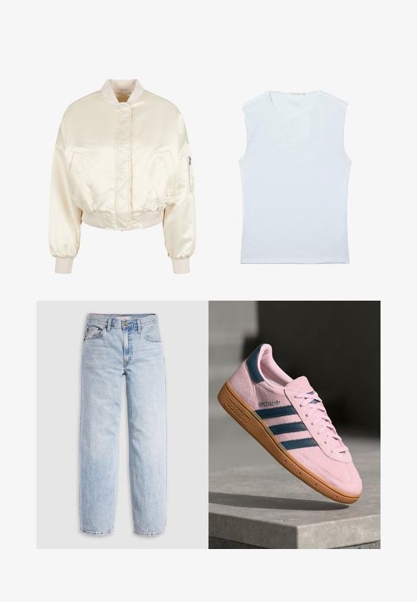 Creme satin bomberjakke med quiltemønster, ribbede manchetter og talje, der har to forlommer og en lynlåslomme på ærmet.; Ærmeløs hvid bomulds tanktop med rund halsudskæring og et enkelt, ensfarvet design.; Lyseblå denimjeans med høj talje, afslappet pasform, lige ben og et klassisk design med fem lommer. Synlige falmede detaljer og syninger.; Lyserød ruskindssneaker med marineblå tre striber, gummisål og lyserøde snørebånd. Har "SPEZIAL"-branding på siden.