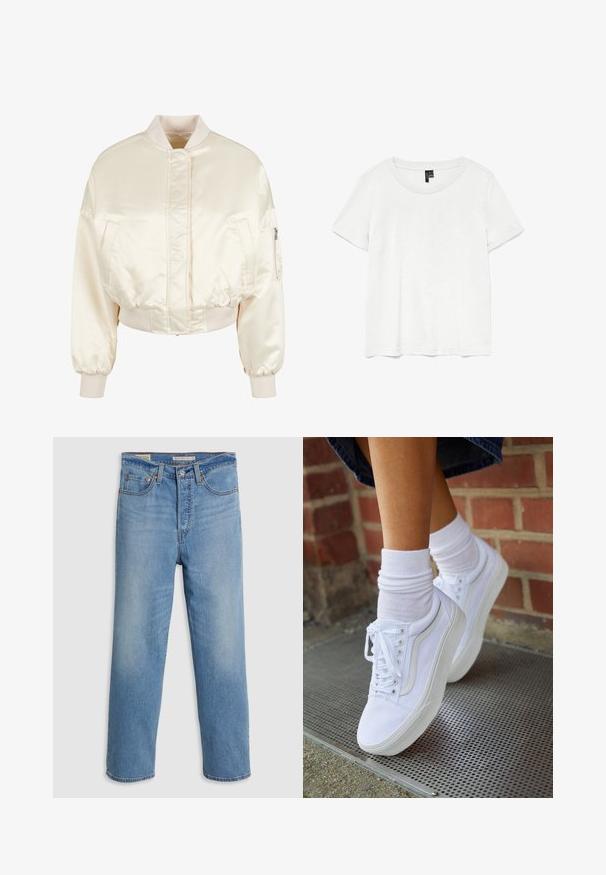 Veste bomber en satin crème avec un design matelassé, des poignets et une taille côtelés, comprenant deux poches avant et une poche zippée sur la manche.; T-shirt blanc à manches courtes avec un col rond, fabriqué en tissu léger. Design simple, texture lisse et ourlet droit.; Jeans en denim bleu clair à jambes droites avec poches avant, passants de ceinture et fermeture à bouton sur fond uni.; Baskets en toile blanches avec semelles en caoutchouc, dotées de six œillets, d'un bout rond et de détails de couture légers, portées avec des chaussettes blanches mi-mollet.