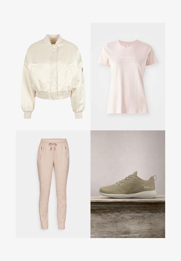 Creme satin bomberjakke med quiltemønster, ribbede manchetter og talje, der har to forlommer og en lynlåslomme på ærmet.; Lyserød kortærmet t-shirt lavet af bomuld. Har en rund halsudskæring og "Pepe Jeans London" logo i hvidt på forsiden.; Beige joggerbukser lavet af blødt stof, med en elastisk talje og snøre, to lynlåslommer på siden og smalle ben.; Beige atletisk sko med tekstureret overdækning, snørebånd og støttende hælkappe, hviler på en træoverflade, sat mod grønne planter.