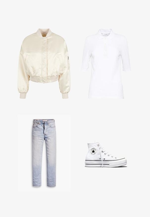 Veste bomber en satin crème avec un design matelassé, des poignets et une taille côtelés, comprenant deux poches avant et une poche zippée sur la manche.; Polo blanc à manches courtes en coton texturé, doté d'un col classique, d'une patte à trois boutons et d'un logo brodé discret.; Jean en denim bleu clair avec une coupe droite, dotés d'une fermeture à boutons, de cinq poches et d'un léger délavage sur les jambes.; Baskets montantes blanches Converse Chuck Taylor All Star avec patch logo noir et lacets blancs, présentées sur fond blanc.