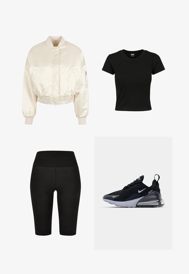 Creme satin bomberjakke med quiltemønster, ribbede manchetter og talje, der har to forlommer og en lynlåslomme på ærmet.; Sort kortærmet t-shirt lavet af glat bomuldsstof, med rund halsudskæring og en tætsiddende pasform. Ingen synlige mønstre eller accenter.; Højtsiddende sorte leggings lavet af elastisk stof, med et glat, ensfarvet design uden synlige sømme eller mønstre.; Sort atletiske sneakers med en mesh-overdel, der har et hvidt swoosh-logo, synlig Air-enhed og en tekstureret ydersål. Detaljer inkluderer en bageste trækstrop.