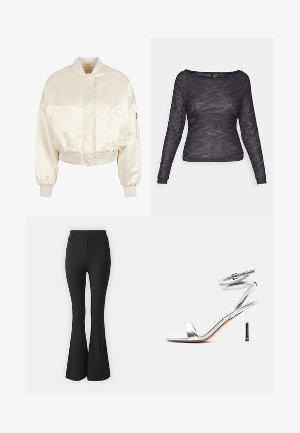 Veste bomber en satin crème avec un design matelassé, des poignets et une taille côtelés, comprenant deux poches avant et une poche zippée sur la manche.; Haut à manches longues en gris foncé avec un design texturé et côtelé. Présente un large col et une silhouette ajustée, fabriqué à partir d'un matériau léger.; Pantalons noirs évasés en tissu extensible. Présentent une taille haute et un design lisse et ajusté qui s'évase à partir du genou.; Sandale argentée à talon haut avec des brides qui entourent la cheville et un talon aiguille fin, vue de profil sur un fond blanc.