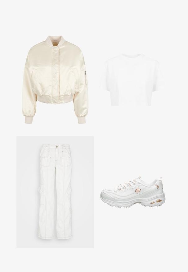 Chaqueta bomber de satén crema con un diseño acolchado, puños y cinturilla de canalé, que cuenta con dos bolsillos frontales y un bolsillo con cremallera en la manga.; Camiseta blanca corta, de mangas cortas, con cuello redondo, hecha de una tela suave, sin patrones visibles ni herrajes distintivos.; BDG Urban Outfitters Vaqueros boyfriend - white; Zapatilla deportiva blanca hecha de material sintético suave. Presenta detalles texturizados, adornos metálicos dorados, diseño con cordones y una suela acolchada.