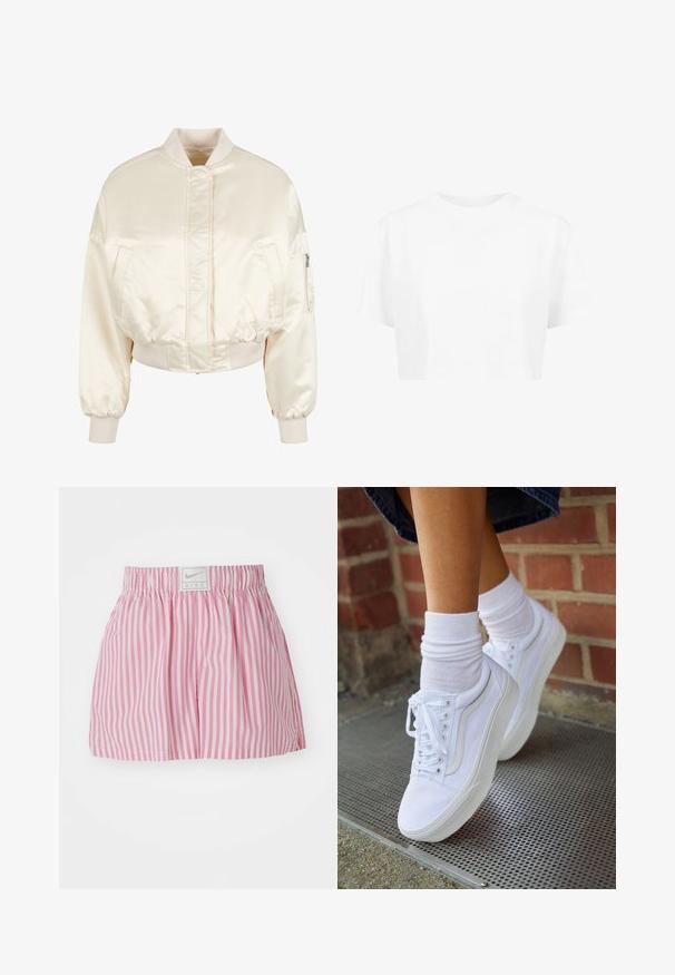 Crème satijnen bomberjack met een gequilt ontwerp, geribde manchetten en tailleband, voorzien van twee voorzakken en een ritszak op de mouw.; Witte cropped t-shirt, korte mouwen, ronde halslijn, gemaakt van gladde stof, zonder zichtbare patronen of opvallende hardware.; Roze-witte gestreepte korte broek met een elastische tailleband en een klein Nike-logo patch aan de achterkant. Gemaakt van lichtgewicht stof.; Witte canvas sneakers met rubberen zolen, voorzien van zes vetertjes, een ronde neus en lichte stikdetails, gecombineerd met witte enkelsokken.