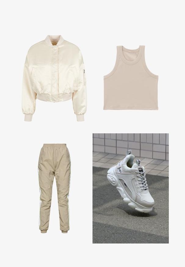 Creme satin bomberjakke med quiltemønster, ribbede manchetter og talje, der har to forlommer og en lynlåslomme på ærmet.; Beige ribbet ærmeløs crop top med brede ærmegab og rund halsudskæring.; Beige letvægts træningsbukser med elastisk talje, hvide sidelægger og neongrøn piping; elastiske manchetter ved anklerne.; Hvide sneakers med mesh- og lædermaterialer, rund tå, tyk sål, fremtrædende snørebånd og branding på hælen og tungen.
