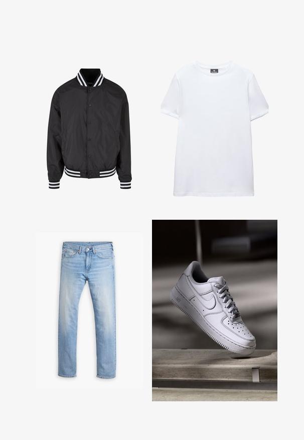 Veste bombardier noire en tissu lisse, avec une fermeture à pressions sur le devant et des poignets et un col rayés en noir et blanc.; T-shirt blanc uni à manches courtes, col rond, avec une étiquette noire Pull&Bear à l'intérieur du col, présenté sur fond blanc.; Jean en denim bleu clair avec une coupe droite, cinq poches et un bouton de fermeture. Présente un léger délavage et des accents de couture orange.; La basket Nike Air Force 1 en cuir blanc présente un embout perforé, des lacets plats et une semelle en caoutchouc texturée avec le logo « AIR » sur le côté.