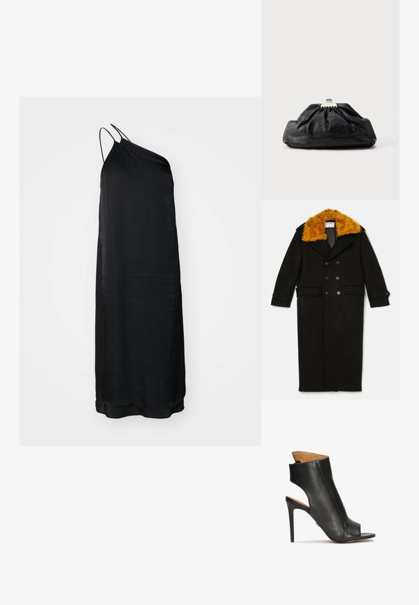 Filippa K LONG PEACOAT - Klasický kabát - black; Čierne šaty bez rukávov s jedným ramenným pruhom, s voľným dizajnom a hladkou textúrou, s dĺžkou po polovicu lýtok.; Čierne kožené sandále na vysokom opätku s otvorenou špičkou a výrezmi. Majú stiletto opätok a tvarovaný členkový pás.; Čierna kožená kabelka do ruky s nazbieranou štruktúrou, kovovým zapínaním a jemným vypuklým logom na prednej strane. Okrúhly tvar.