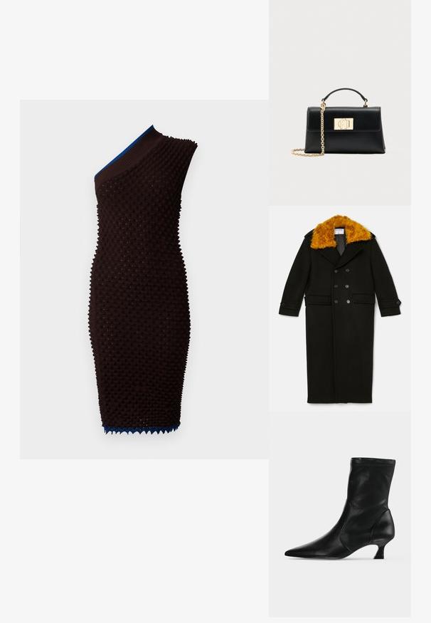 Filippa K LONG PEACOAT - Klassikaline mantel - black; Pruunid kudumisriided tekstuuriga pinnaga ja ühe õlaga disain. Sisaldab sinist ribaatkaelust ja laineline alläär detailideks.; Mustast nahast keskvarskoobits terava otsa ja madala kitsekontsaga, külgvaates heledal ühevärvilisel taustal.; Mustast nahast käekott struktureeritud kuju ja ülemise käepidemega, millel kuldse tooniga kett-rihm. Kaunistuseks kuldsed metallosad ja logoga detailid.