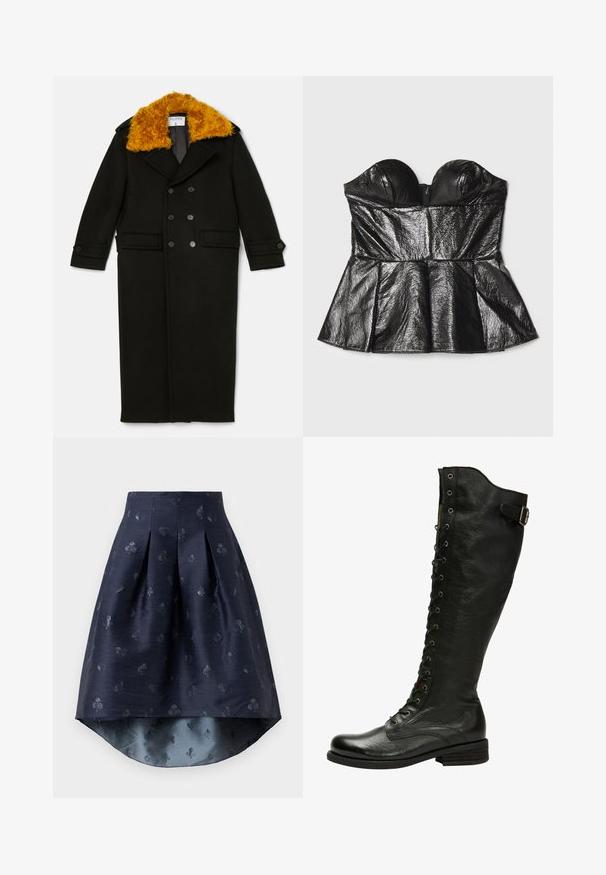 Filippa K LONG PEACOAT - Klasický kabát - black; Sara Battaglia SWEETHEART - Top - black; Námornícky modrá sukňa s asymetrickým strihom a plisovaním, so subtilným vzorom hracích kariet v mierne lesklom materiáli.; Čierne kožené vysoké čižmy do kolien so šnurovaním vpredu, striebornými očkami a postrannou prackou. Majú štruktúrovaný povrch a vyvýšený opätok.