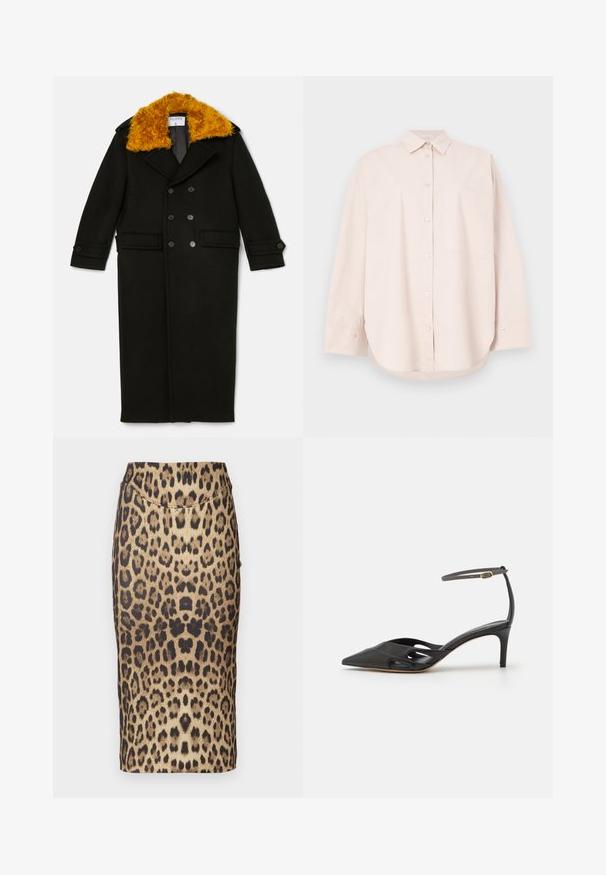 Filippa K LONG PEACOAT - Klassikaline mantel - black; Hele beež pikkade varrukatega nööbitav särk terava krae ja ühe rinnataskuga, esitatud valgel taustal.; Leopardi mustriga pliiatsiseelik, millel on sobiv disain, keskmise kõrgusega vöökoht ja sile tekstuur. Muster koosneb erinevatest pruunidest ja mustadest laikudest.; Must mustaharjal süngeteisega kingad, millel on terav varvas, avatud küljed ja õhuke pahkluuring, kus on väike kuldne detail.