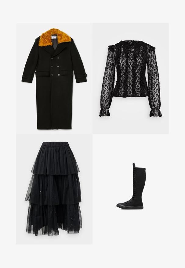 Filippa K LONG PEACOAT - Klassisk frakke - black; Sort blonderet langærmet top med en tætsiddende pasform, flæsedetaljer ved skuldrene og manchetterne, samt et struktureret blomster-mønster overalt.; Lagd af lagdelt sort tyl, denne nederdel har en elastisk talje og et kaskade-design med varierende længder og let glitrende accenter.; Sorte høje canvasstøvler med rund tå, lynlås og snørebånd foran. Har en tekstureret overflade og gummisål.