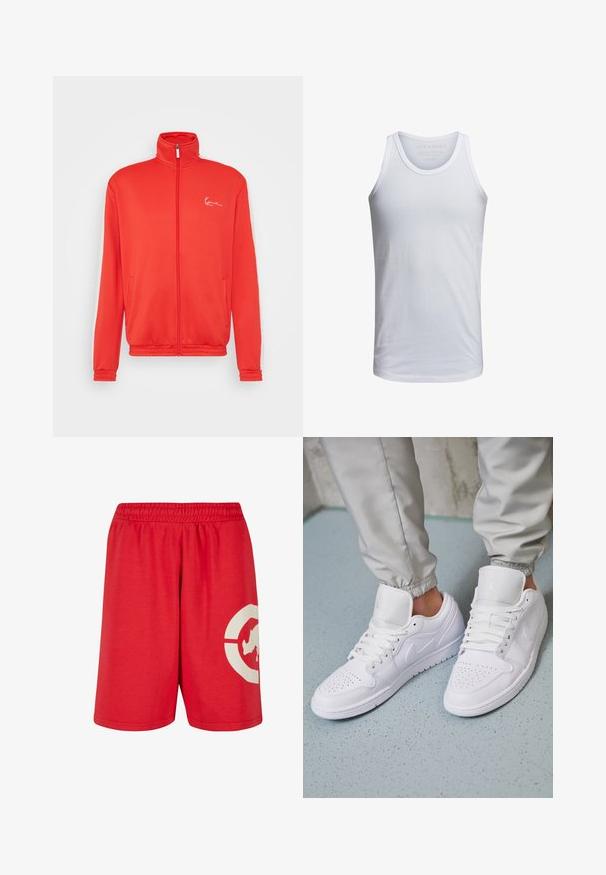 Sile punane kapuutsiga jakk, mis on valmistatud siledast kangast; sellel on kõrge krae, küljetaskud ja valge tikandiga logo vasakul rinnal.; Valge puuvillane tank top, millel on ümar kaelus, laiad õlapaelad ja minimaalne brändingu trükk krae sees. Pehme tekstuur, igapäevane istuvus.; Punased puuvillased lühikesed püksid, millel on elastne vöökoht, vasakul jalal on suur valge graafiline disain ja sile tekstuur.; Valged nahast tossud sisaldavad perforatsiooni varvaste osas, lame nöörid, pehmendatud kaelus ja Jordani logo keelega. Kanda hallide spordipükstega.
