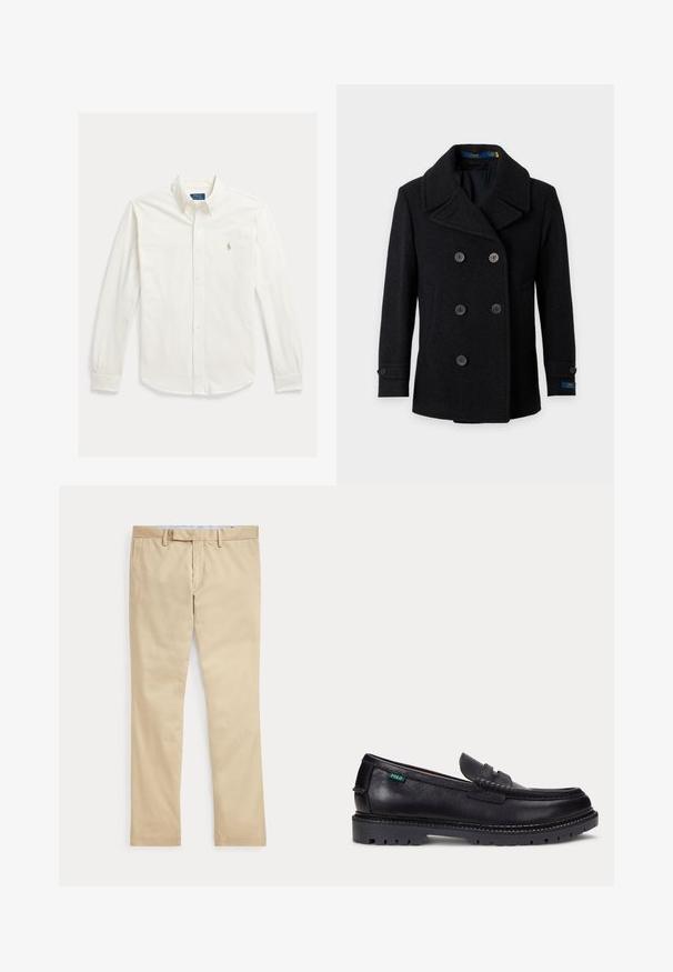 Sort dobbeltradet uldfrakke med brede revers, seks knapper, lange ærmer og to sidelommer, synlige mod en ensfarvet baggrund.; Hvid langærmet skjorte med knapper og krave samt Polo Ralph Lauren-logo broderet på venstre bryst.; Beige bukser med lige ben, bæltestropper og frontlynlås, lagt fladt mod en hvid baggrund.; Sort læderloafer med tyk, mønstret sål og lille grøn "Polo"-mærke på ydersiden nær hælen.