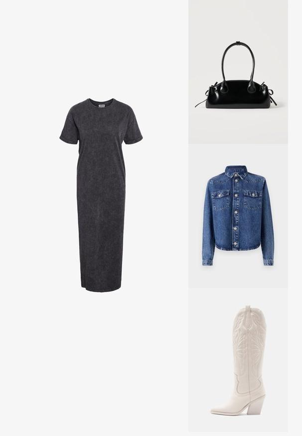 Denimjakke i mørkeblå, med spidse kraver, to brystlommer, sølvknaplukninger og lange ærmer med knapmanchetter.; Grå, knælang t-shirt kjole lavet af blødt materiale, med korte ærmer og afslappet pasform, samt en subtil stone-wash tekstur.; Hvide læder cowboystøvler med spidse tæer og blokhæle. Har intrikate syninger på skaftet og en glat tekstur.; Lille sort blank håndtaske med to lange håndtag og snøre-detaljer i siden på en ensfarvet lys baggrund.